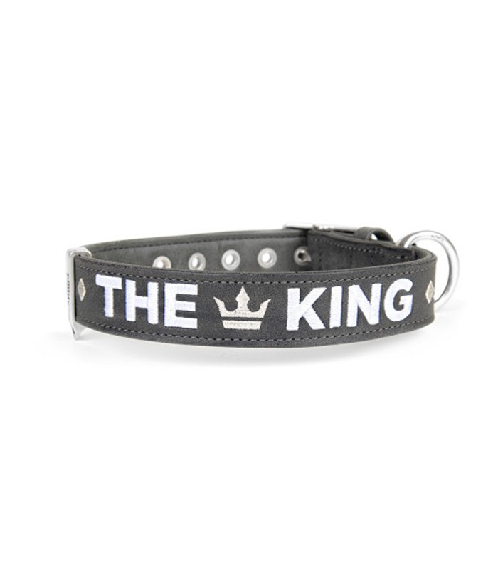 Collar Royal 2Xl Faux Leather Grey & Black Embroded The King White Bronze