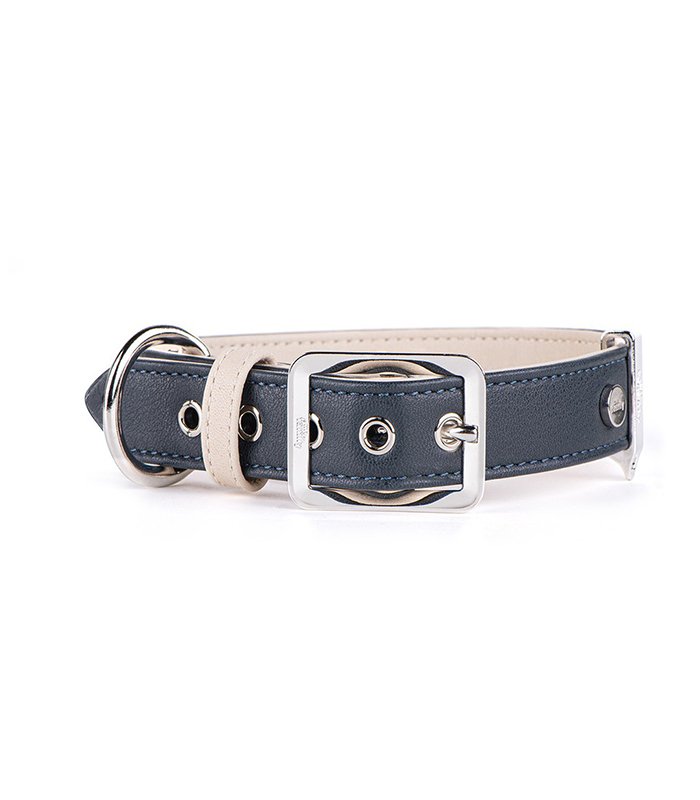 Collar - 2Xl Leather Dark Blue & Cream White Bronze